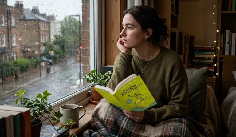 Mulher jovem com uma expressão reflexiva e serena sentada perto da janela do seu quarto, segurando a edição física do livro As Vantagens de Ser Invisível enquanto chove lá fora.
