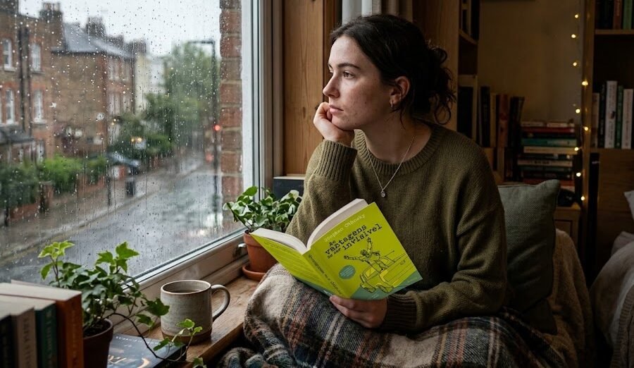 Mulher jovem com uma expressão reflexiva e serena sentada perto da janela do seu quarto, segurando a edição física do livro As Vantagens de Ser Invisível enquanto chove lá fora.
