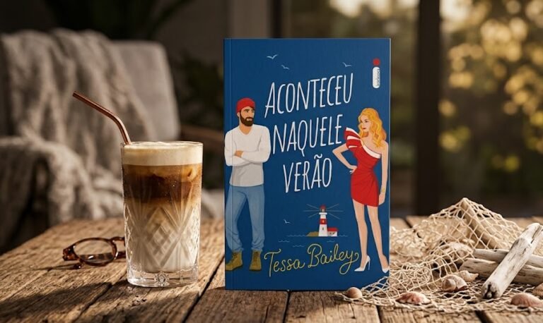 Livro Aconteceu Naquele Verão de Tessa Bailey em uma mesa rústica de madeira, ao lado de um café gelado luxuoso e uma pequena rede de pesca decorativa.