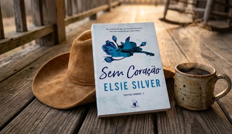 Livro Sem Coração ao lado de um chapéu de cowboy de camurça e uma caneca de café fumegante em uma varanda de madeira rústica.