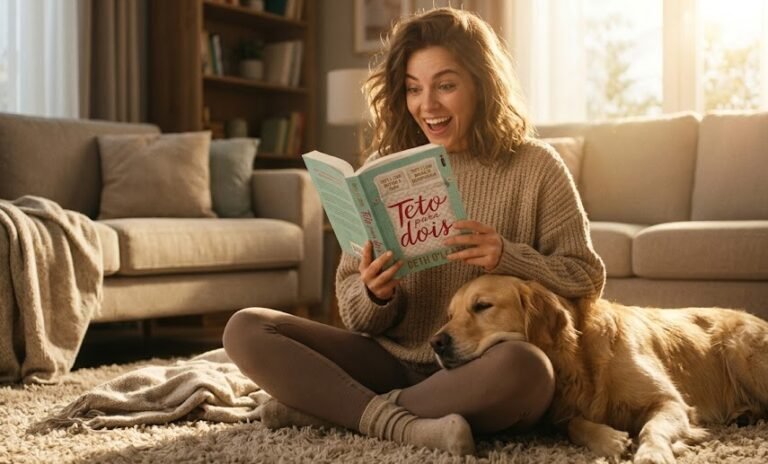 Mulher jovem e sorridente sentada de pernas cruzadas no tapete de casa, lendo o livro A Regra do Jogo enquanto acaricia suavemente um Golden Retriever deitado ao seu lado.