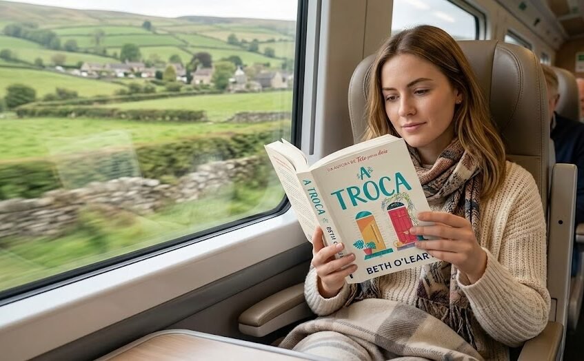 Mulher jovem relaxada lendo o exemplar físico do livro A Troca sentada confortavelmente na poltrona de um trem de viagem, com uma paisagem verde de campo passando pela janela.