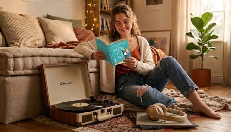 Uma mulher jovem e sorridente sentada no chão de um quarto aconchegante, lendo o livro Fisgados Pelo Amor, com um toca-discos vintage de vinil e alguns fones de ouvido ao seu lado.
