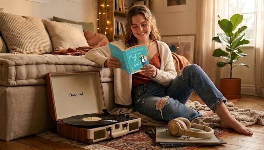 Uma mulher jovem e sorridente sentada no chão de um quarto aconchegante, lendo o livro Fisgados Pelo Amor, com um toca-discos vintage de vinil e alguns fones de ouvido ao seu lado.
