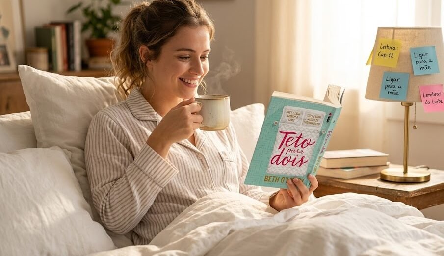 Mulher jovem e sorridente descansando em uma cama confortável de lençóis brancos, lendo o livro Teto Para Dois enquanto toma café, com alguns post-its coloridos pregados no abajur ao fundo.