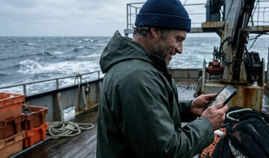 Um homem atraente, grande e com barba por fazer, vestindo jaqueta de frio de pescador em um barco, olhando para a tela do seu celular e sorrindo bobamente enquanto o mar aberto e cinzento aparece ao fundo.