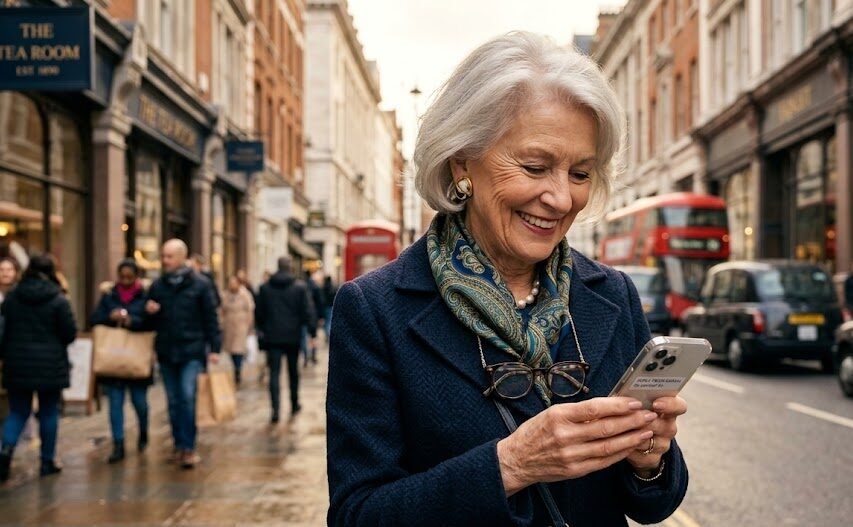 Uma senhora de 79 anos extremamente elegante e sorridente, vestindo um casaco de lã estiloso, segurando um smartphone moderno em uma movimentada e charmosa rua de Londres.