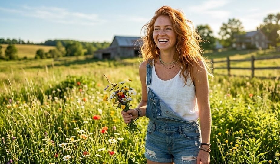 Jovem ruiva e sorridente com roupas de verão brincando em um campo verde ensolarado no campo.