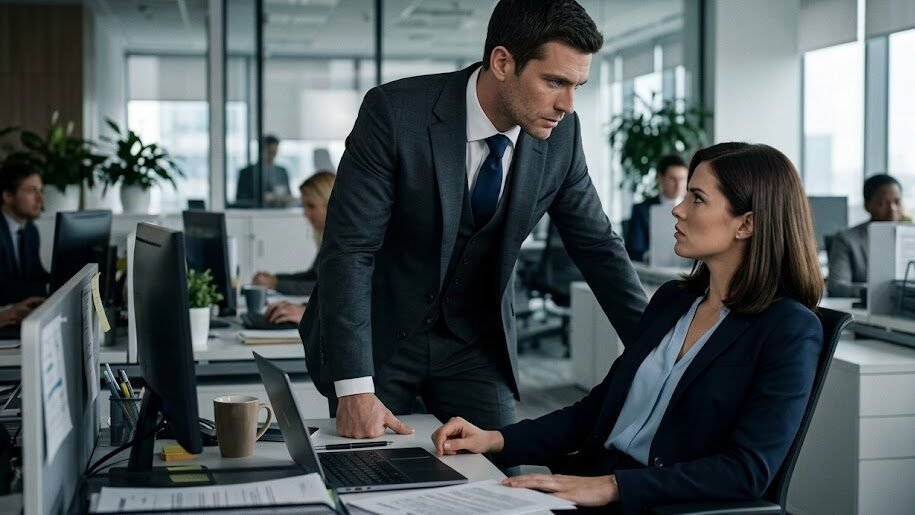 Um homem lindo, usando um terno elegante com olhar sério e penetrante, encostado na mesa de escritório de uma mulher com cabelos escuros que o olha de forma defensiva e impaciente.