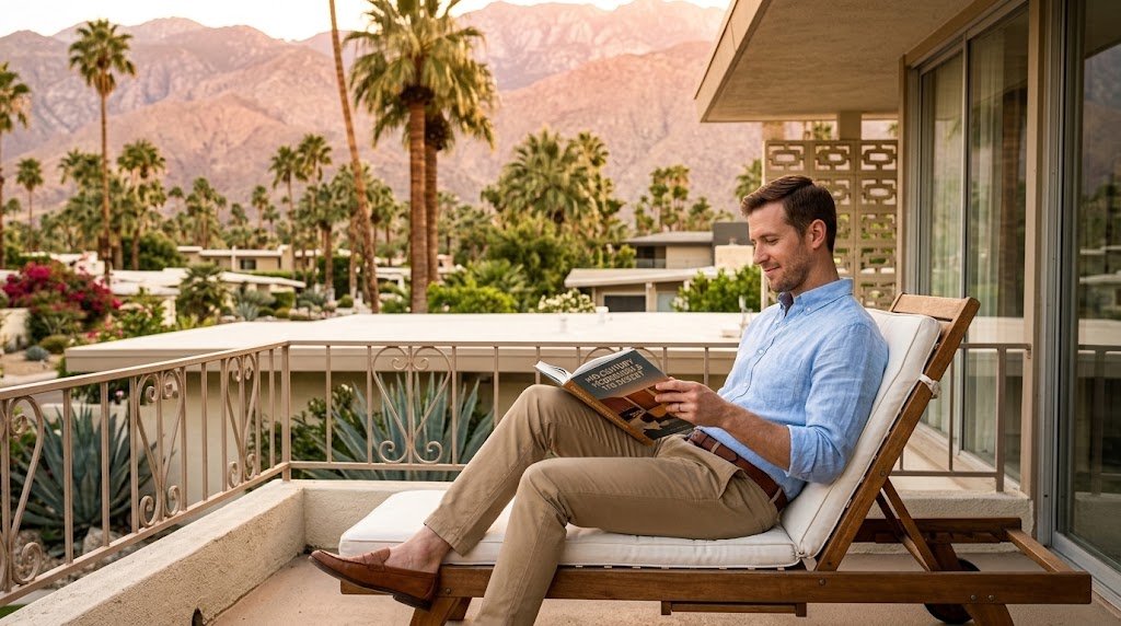 Homem alto, de aparência intelectual e contida usando calças cáqui e camisa clara, lendo um livro na varanda sob a luz forte do sol de Palm Springs, Califórnia.
