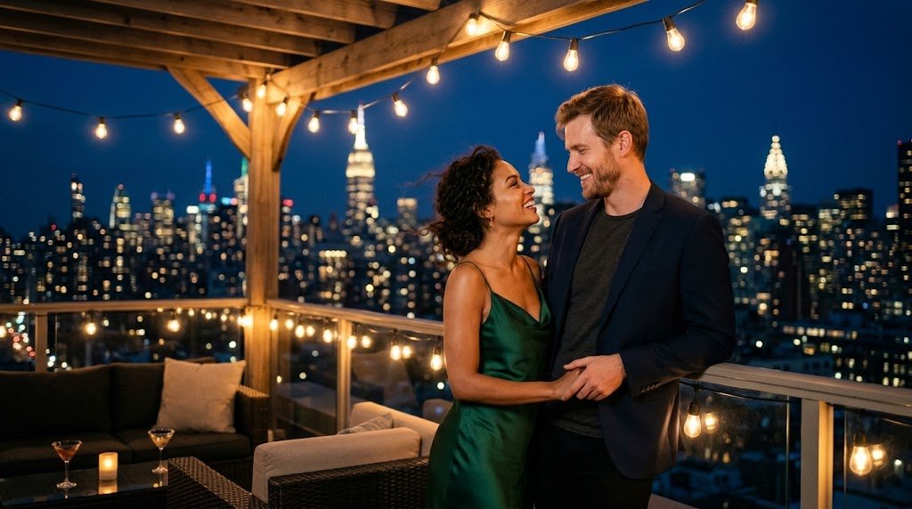 Casal adulto compartilhando um olhar apaixonado e sorrisos durante um encontro muito romântico no terraço de um prédio, com as luzes mágicas de Nova York ao fundo à noite.