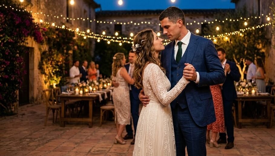 Um casal elegantemente vestido em trajes de gala dividindo uma dança com muita tensão romântica sob luzes brilhantes de um grande casamento tradicional em uma vila noturna na Espanha.