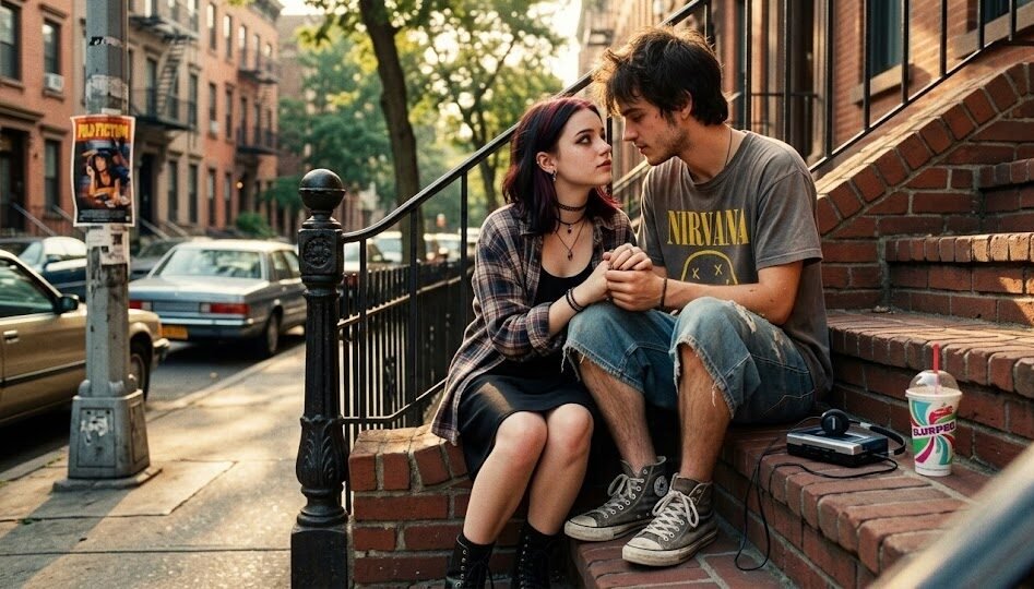 Estética dos anos 90, dois adolescentes desajeitados e apaixonados dividindo um momento íntimo e intenso em uma escadaria de tijolos vermelhos no Brooklyn durante o verão.