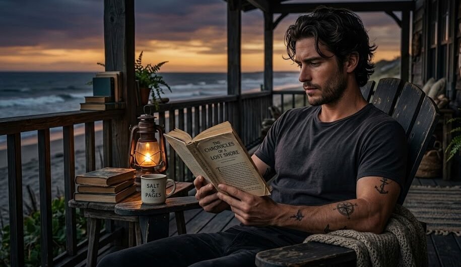 Homem charmoso e sério com cabelos escuros, usando uma camiseta preta básica, lendo um livro na varanda de uma casa de praia com iluminação suave.