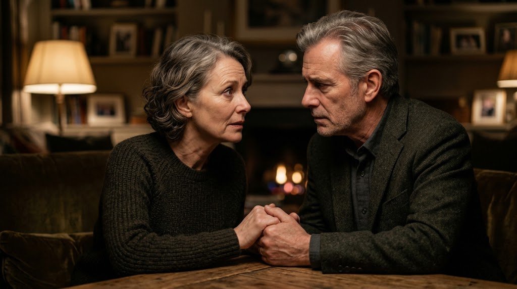 Casal adulto de mãos dadas compartilhando um olhar carregado de mágoa, saudade e tensão reprimida em um ambiente aconchegante, fingindo um sorriso romântico.