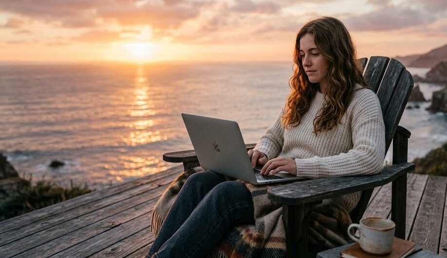 Jovem bonita com cabelos ondulados sentada em uma varanda de madeira rústica de frente para o mar, digitando concentrada em um notebook ao pôr do sol.