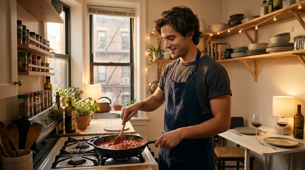 Homem espanhol incrivelmente bonito e charmoso, usando um avental casual, sorrindo gentilmente enquanto cozinha um jantar em uma pequena e iluminada cozinha de Nova York.