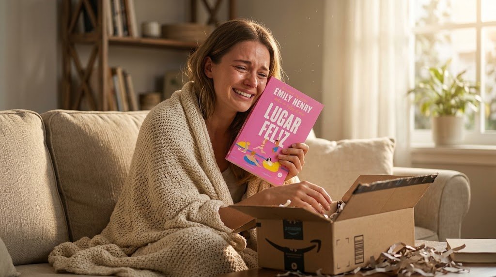 Uma jovem emocionada e sorridente, sentada no sofá com uma manta aconchegante, abrindo uma caixa da Amazon e segurando o livro físico Lugar Feliz com sua capa cor-de-rosa.