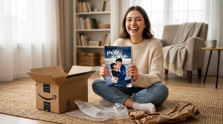 Uma jovem sorridente sentada num tapete aconchegante da sala, desembrulhando a caixa da Amazon e segurando feliz o exemplar físico do livro Parte de Mim.