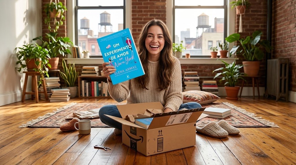 Jovem mulher sorridente em um apartamento aconchegante, abrindo animada a caixa da Amazon e mostrando a linda capa azul do livro Um Experimento de Amor em Nova York.