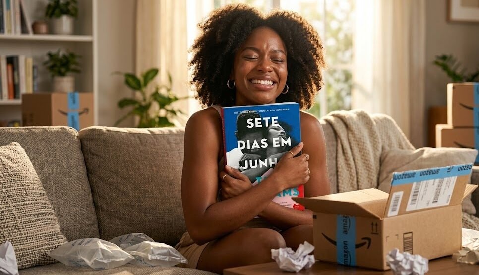 Uma jovem negra radiante sentada no sofá da sua sala de estar moderna, desembrulhando a caixa da Amazon e abraçando emocionada o livro Sete Dias em Junho recém-entregue.