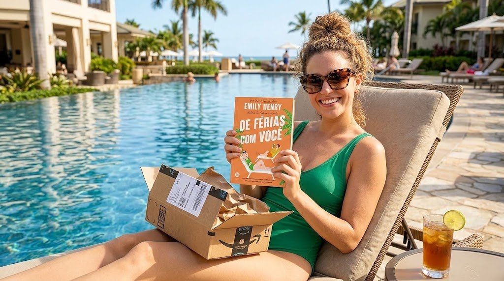Mulher jovem de óculos de sol sorrindo radiante à beira da piscina, abrindo uma caixa da Amazon e mostrando animada o livro físico De Férias com Você.