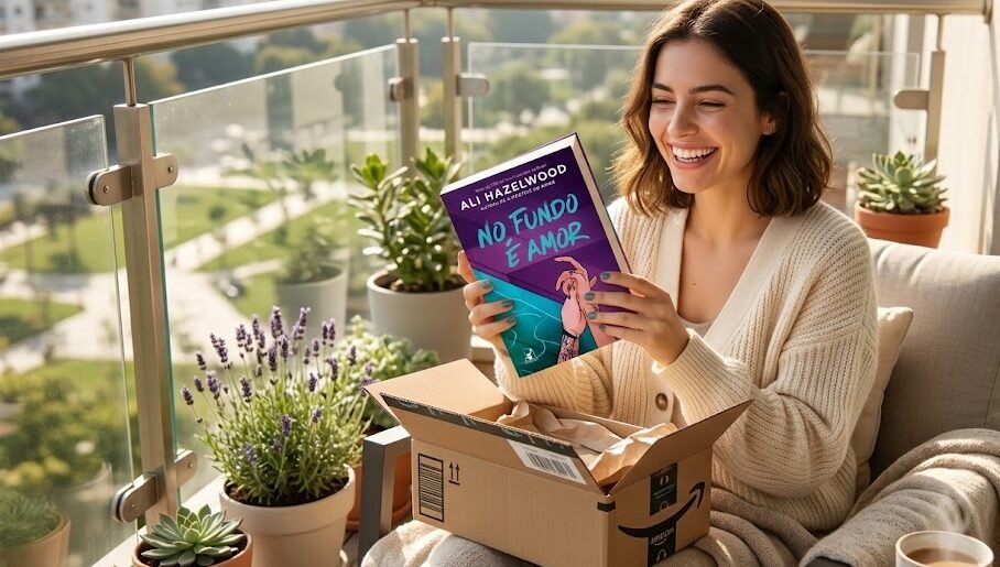 Mulher jovem e muito feliz, sentada na varanda iluminada de casa, segurando com entusiasmo a caixa recém-aberta da Amazon e lendo a capa do livro No Fundo É Amor.