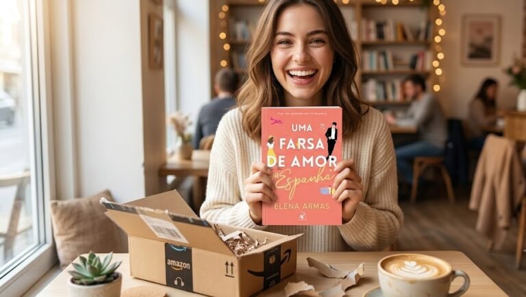 jovem sorridente, sentada à mesa de uma cafeteria aconchegante, desembrulhando uma caixa de papelão da Amazon e segurando feliz o livro Uma Farsa de Amor na Espanha recém-comprado.