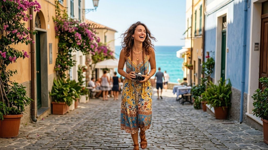 Uma jovem exuberante com cabelos vibrantes e roupas de verão coloridas, rindo enquanto segura uma câmera fotográfica vintage caminhando pelas ruas charmosas de uma cidade litorânea.