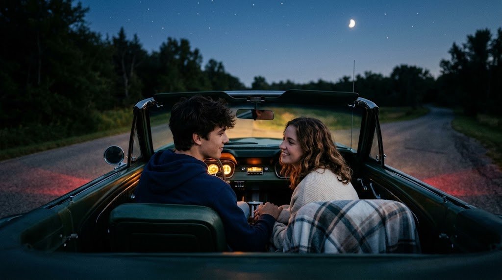 Bailey e Charlie compartilhando um momento romântico e cúmplice sob a luz das estrelas.