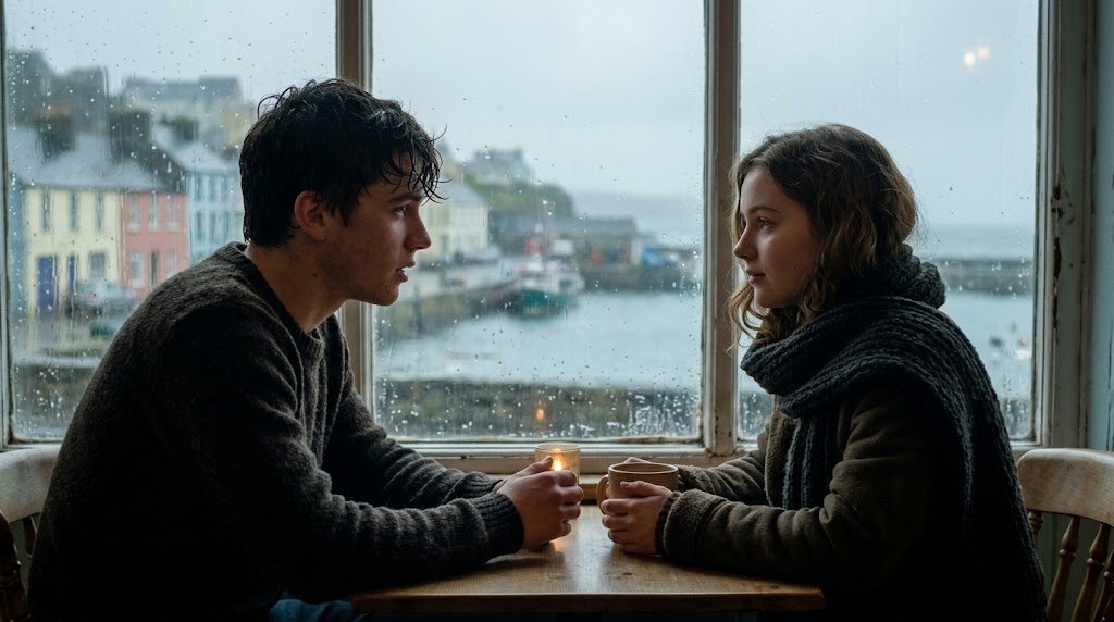 Um jovem de cabelos escuros e olhar vulnerável conversando intimamente com uma jovem de cabelos claros sob a luz suave de uma tarde chuvosa na Irlanda.
