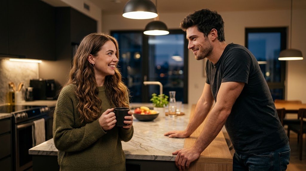 Uma jovem mulher e um homem alto e atlético conversando na cozinha moderna de um apartamento, trocando olhares cheios de tensão romântica e sorrisos provocadores.