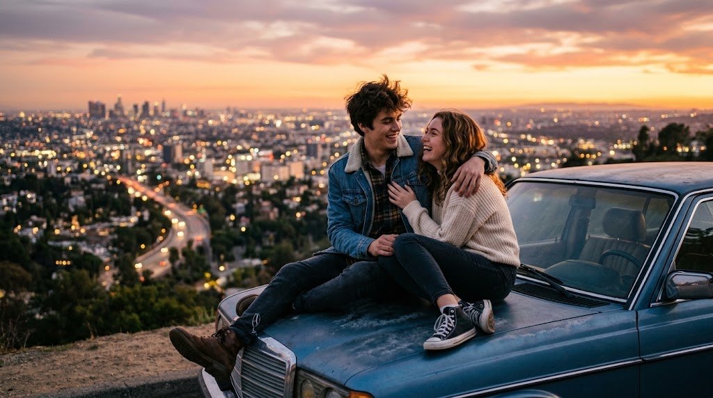 Um casal jovem trocando sorrisos cúmplices sentados no capô de um carro sob as luzes da cidade ao entardecer.