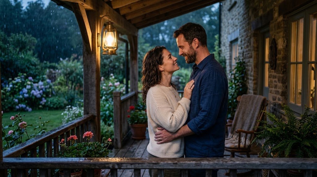 Um casal sob a luz suave do entardecer trocando um olhar apaixonado e cúmplice na varanda de uma casa no interior.