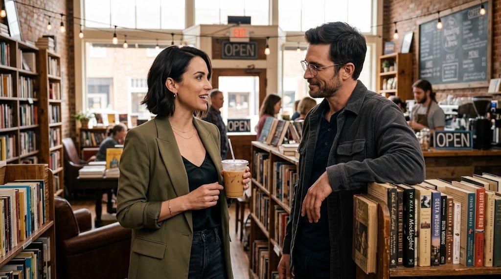 Um homem de óculos e camisa casual e uma mulher elegante conversando em meio a estantes de madeira de uma cafeteria e livraria rústica em uma pequena cidade.