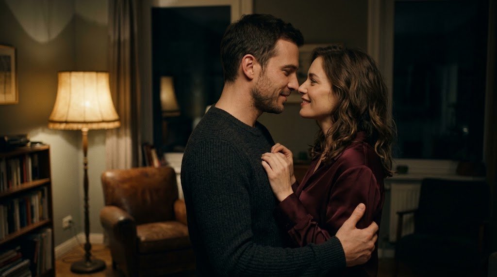 Um casal jovem em um momento íntimo e apaixonado sob a iluminação quente de um abajur na sala de estar, transmitindo romance e cumplicidade.