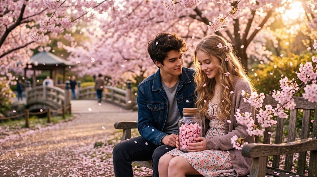 Um casal jovem e apaixonado sentado sob a sombra de cerejeiras em flor na primavera, compartilhando um momento terno com um pote de vidro cheio de pequenos corações de papel cor-de-rosa.