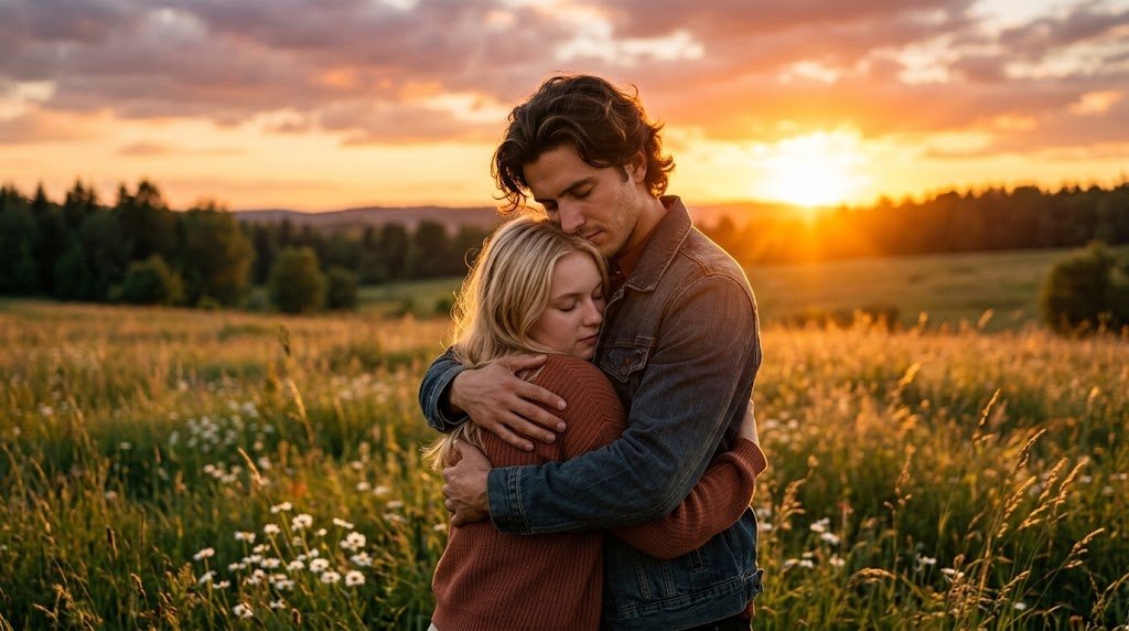 Um jovem de cabelos escuros abraçando fortemente uma jovem loira e delicada em um campo aberto iluminado pelo pôr do sol, transmitindo amor eterno e profunda emoção.