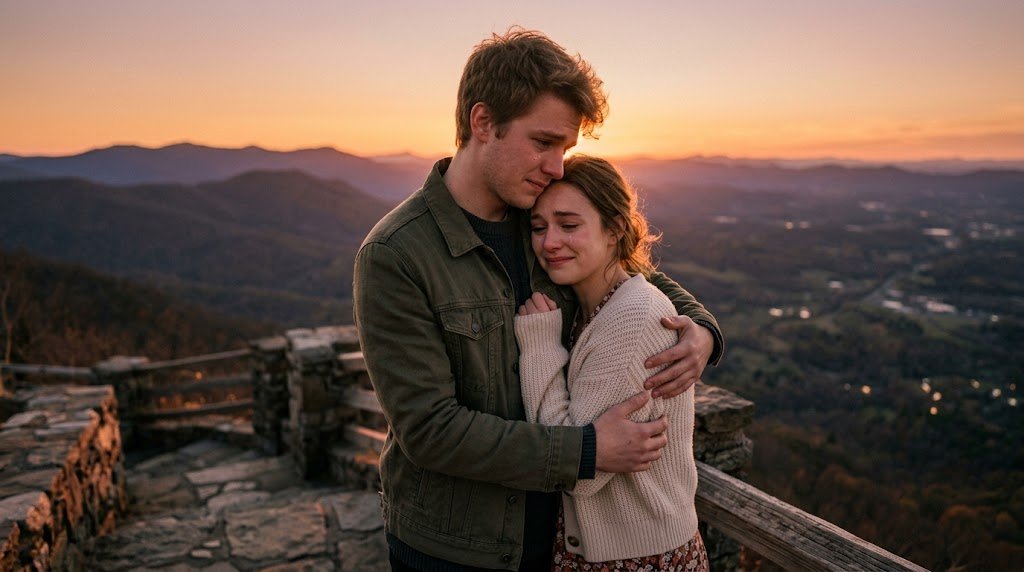 Um jovem rapaz abraçando ternamente uma jovem sob a luz dourada do pôr do sol em um mirante de montanha, demonstrando amor, consolo e esperança renovada.