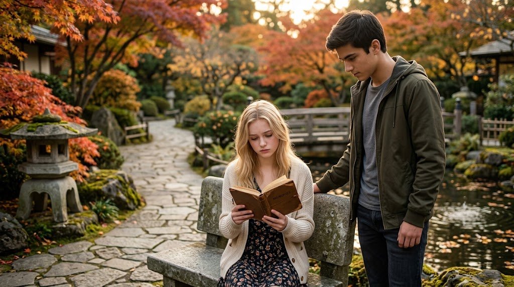Um jovem de olhar intenso segurando uma jaqueta e uma jovem com um diário nas mãos caminhando juntos por um jardim tradicional com lanternas de pedra e templos em uma viagem de cura emocional.