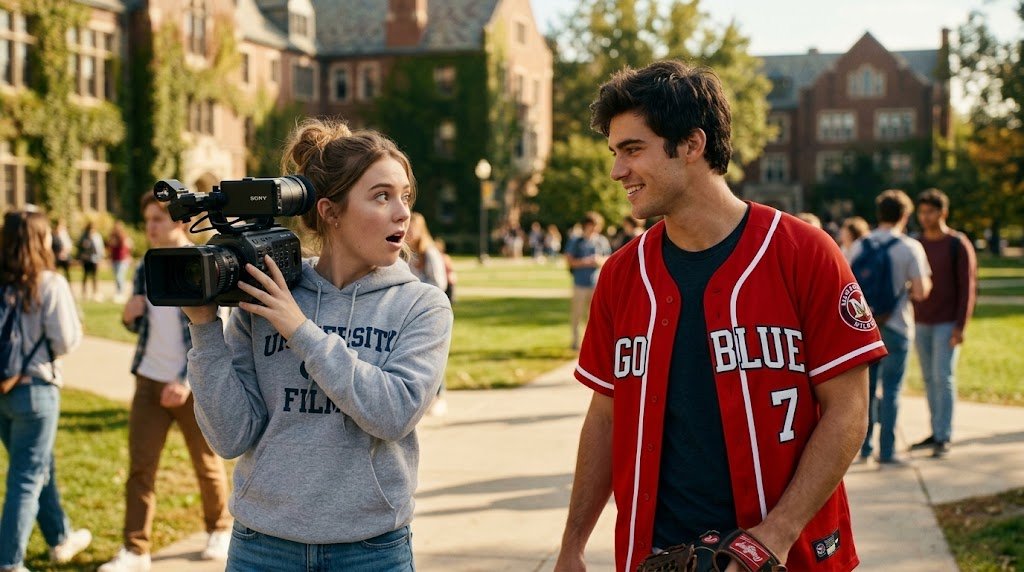 Liz segurando uma câmera de vídeo enquanto Wes, em uniforme de beisebol, a observa com olhar intenso no campus universitário.