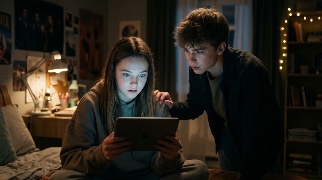 Maria Eduarda absorta olhando a tela de um tablet iluminado enquanto Henrique a observa com olhar atento e protetor.