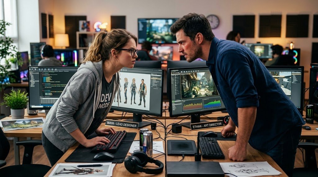 Viola e Jesse em um estúdio moderno de desenvolvimento de games, trocando olhares intensos e desafiadores sobre as telas dos computadores.