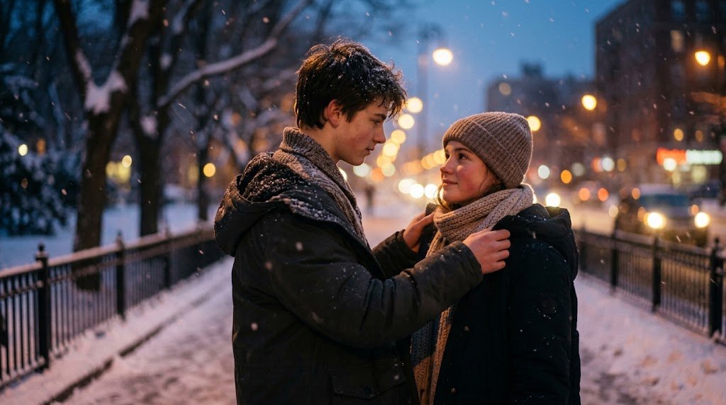 Alec puxando Dani para um abraço carinhoso sob a neve suave caindo no inverno de Minnesota.